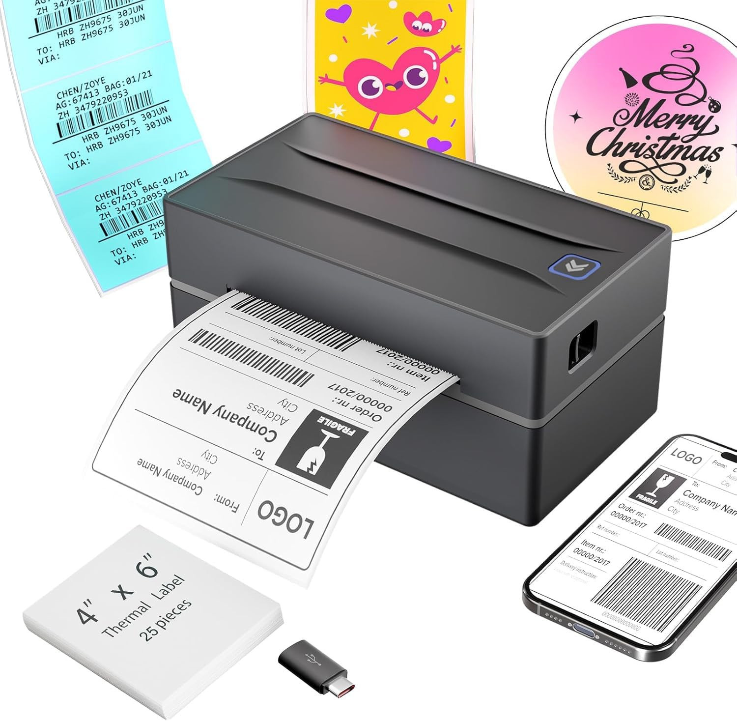 Bluetooth Thermal Shipping Label Printer: 4x6 Wireless Label Maker with Tape for
