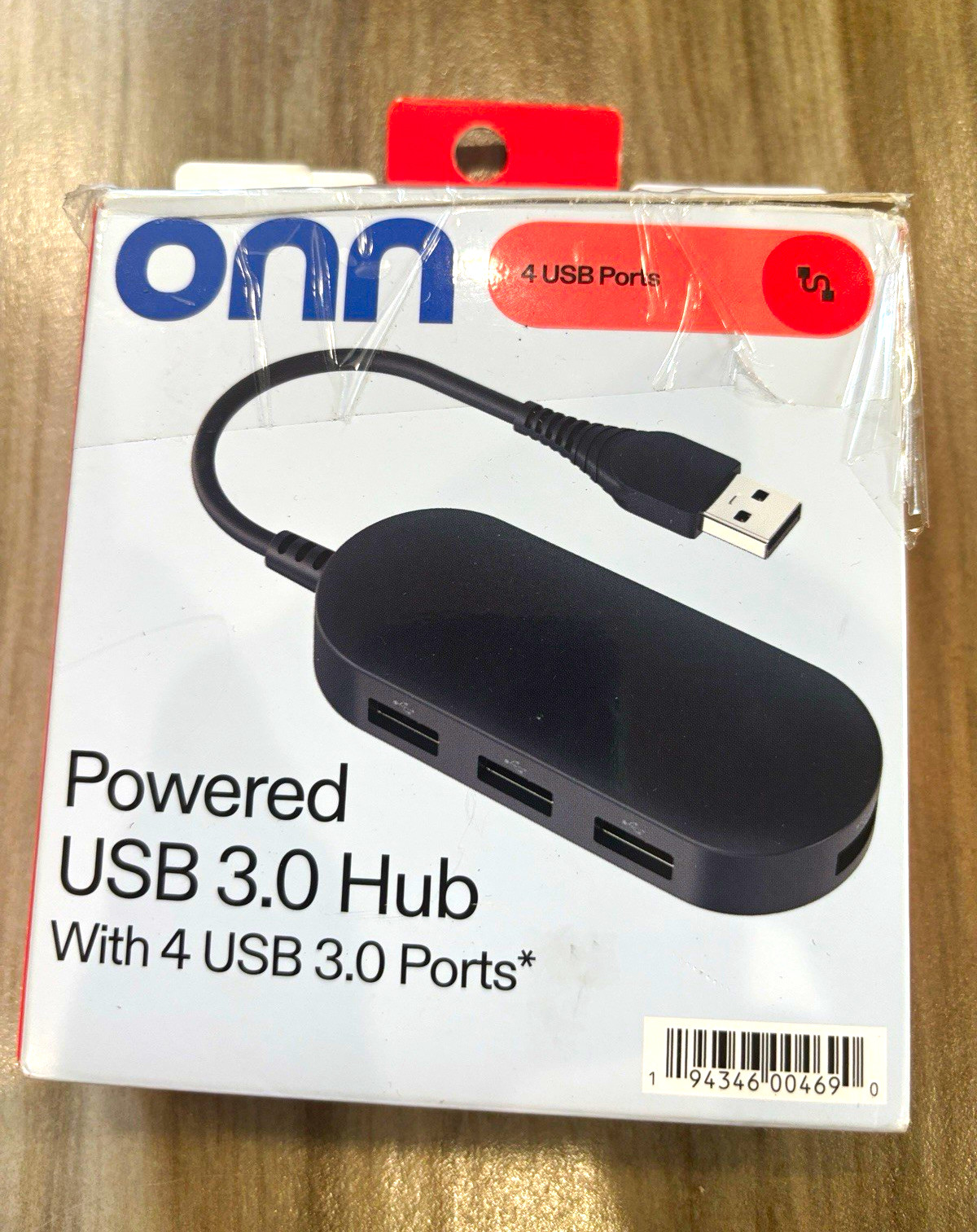onn. Powered USB 3.0 Hub 4-Port (1:4) w/ AC Adapter, Black, 4in Cable