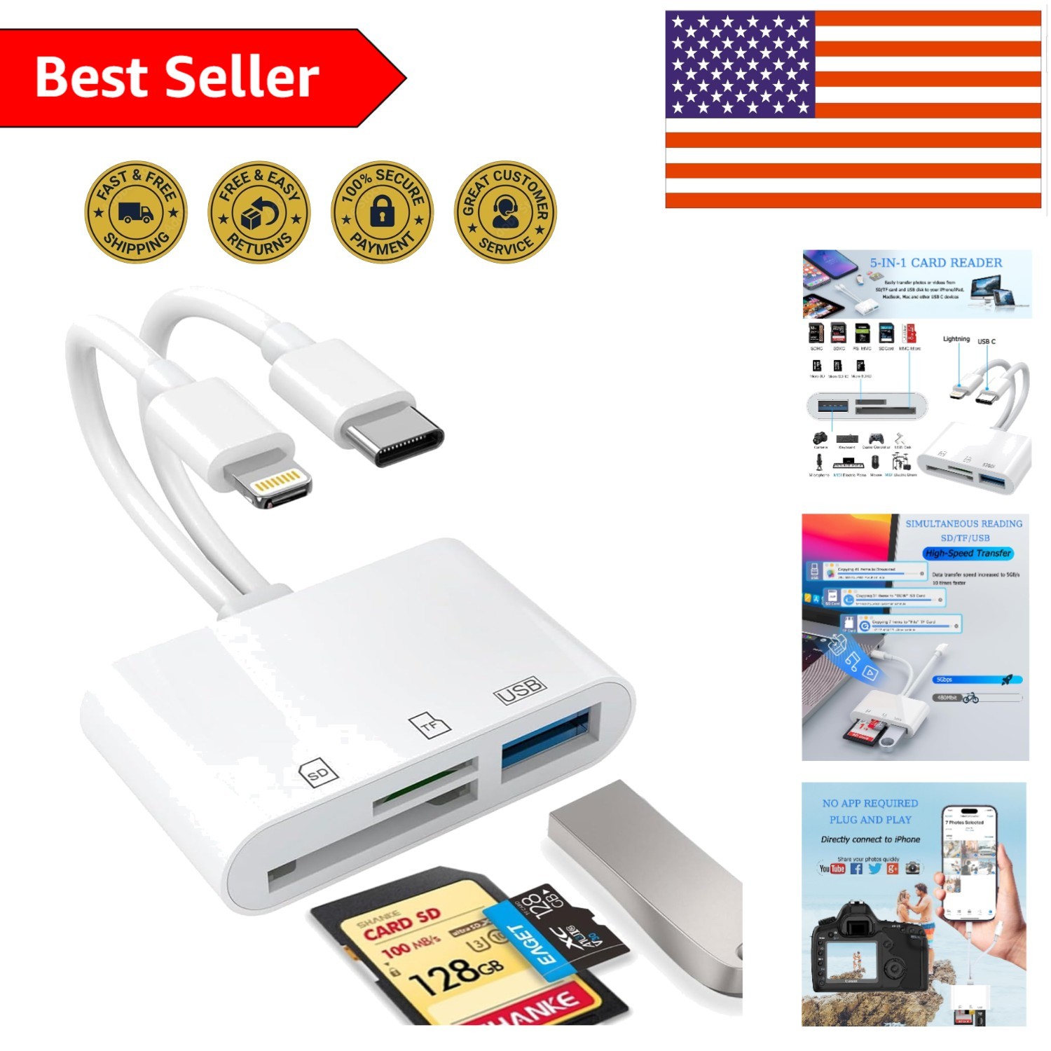 Versatile USB C SD Card Adapter - Lightning, SD, Micro SD Support for iPhones