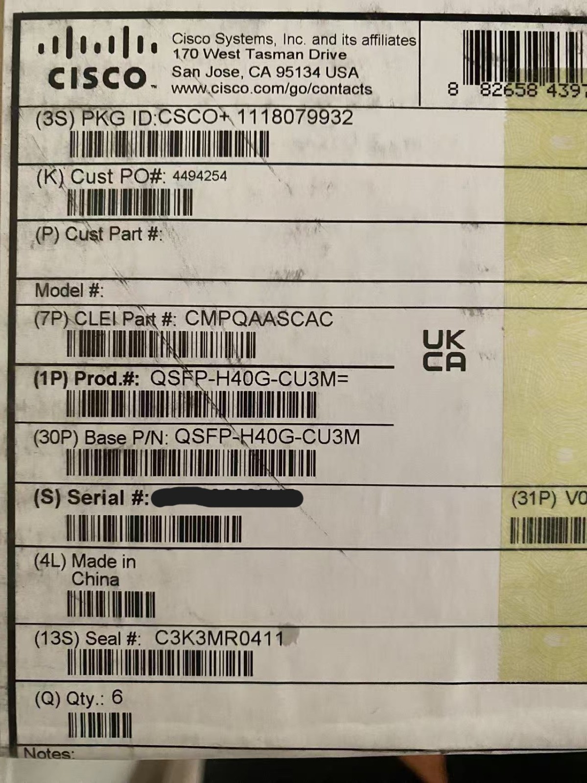 Cisco QSFP-H40G-CU3M 40GBASE
