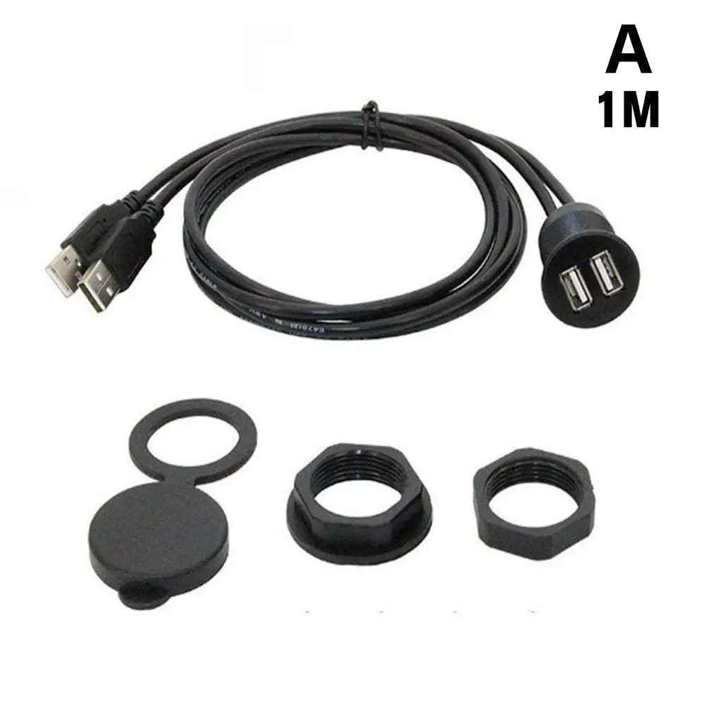 1M Car Dashboard Flush Mount Dual USB Panel Extension Cable Adapter Socket