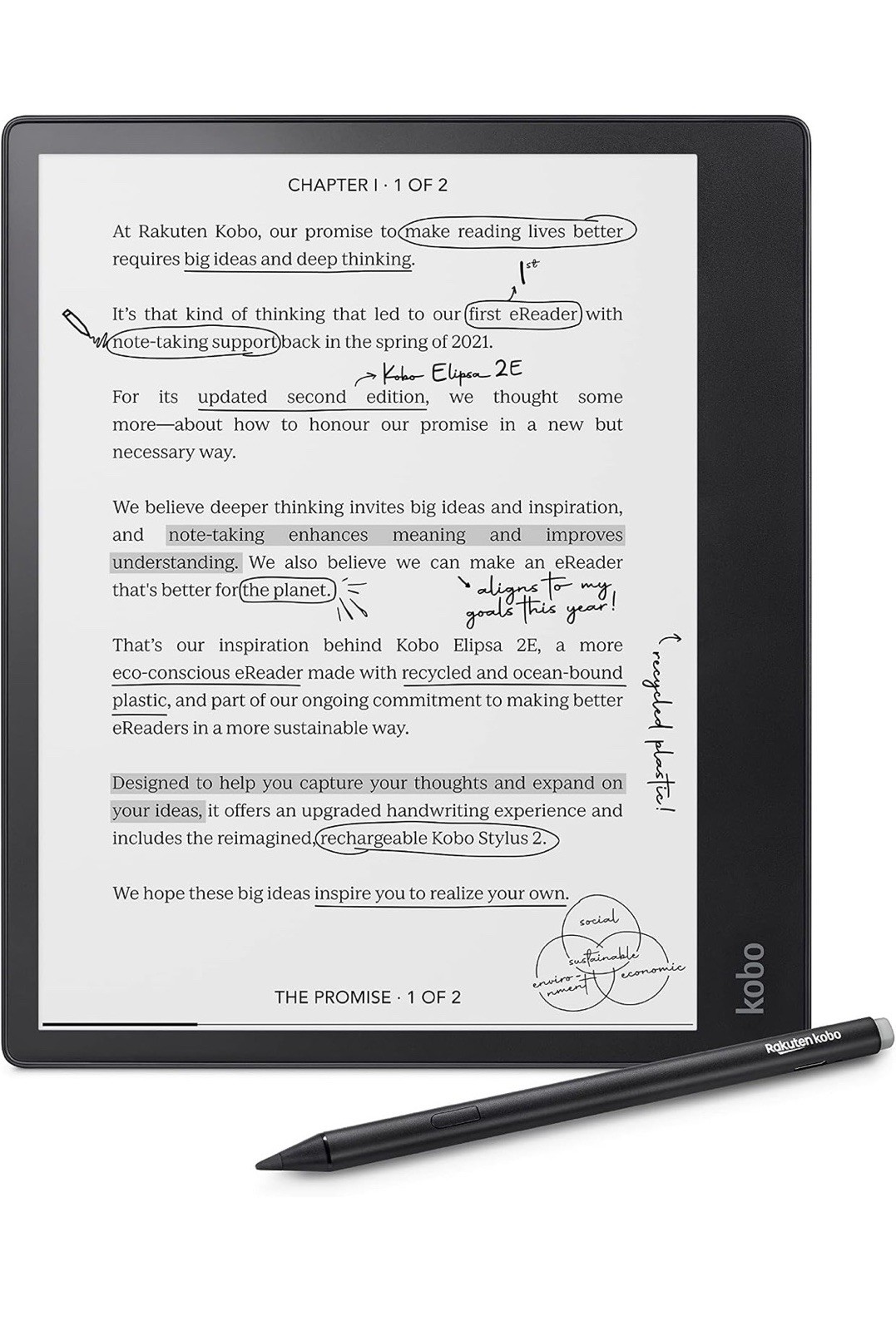 Kobo Elipsa 2E eReader 32GB 10.3" Touchscreen ComfortLight PRO w/ Kobo Stylus 2