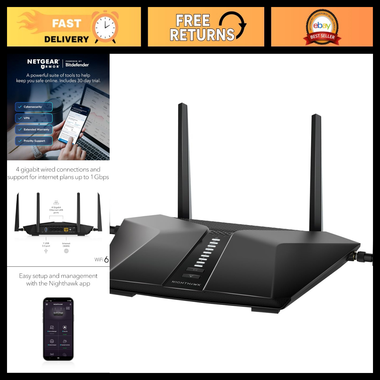 High-Speed WiFi 6 Router AX3600 Dual-Band 5-Stream, Up to 3.45Gbps, Gaming & Str