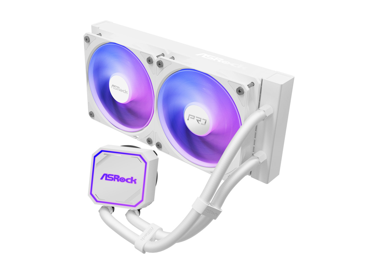ASRock AIO Pro White 240 ARGB 27mm radiator, ARGB waterblock, ARGB Hub-lighting