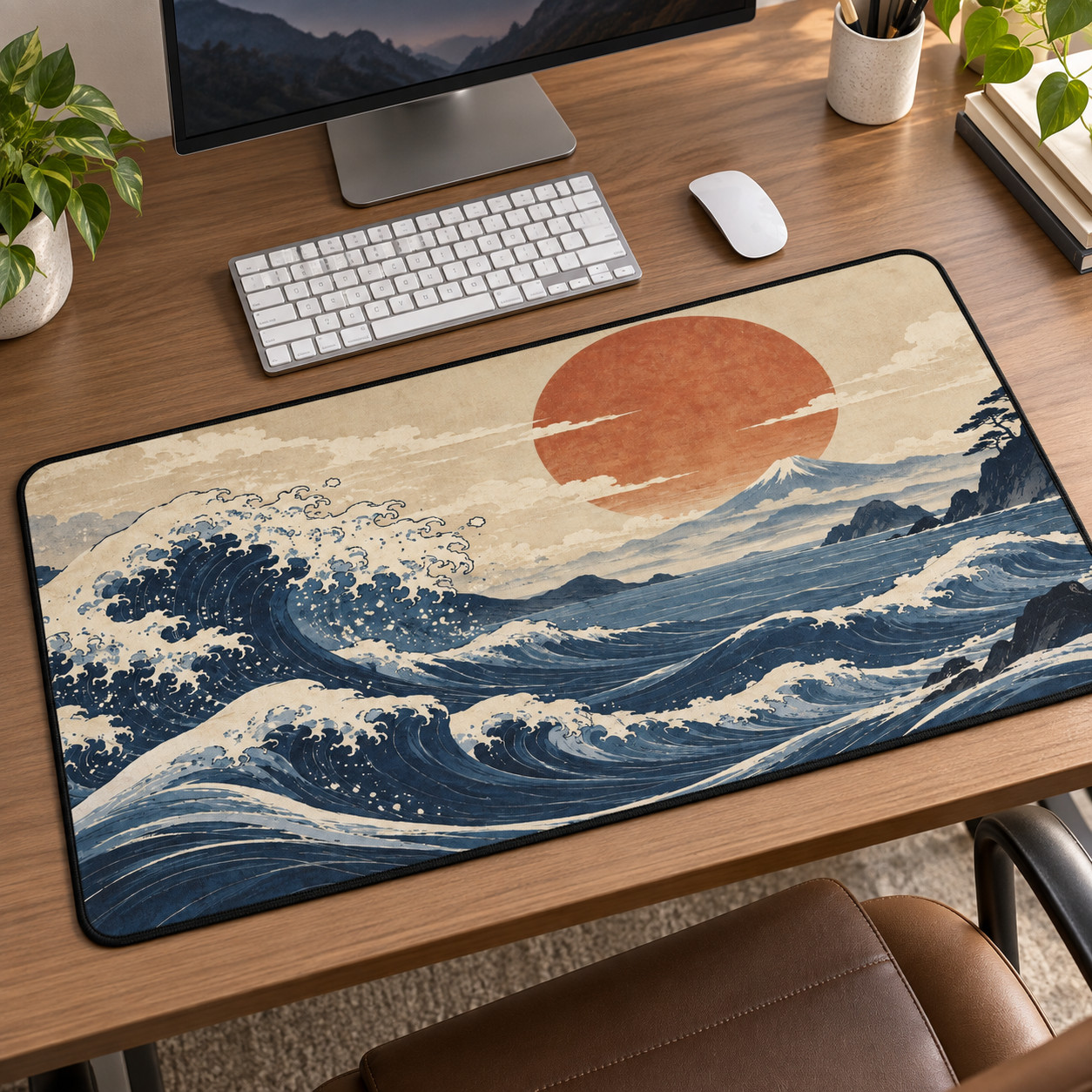Japanese Wave Desk Mat, Mount Fuji Mouse Pad, Great Wave Office Decor