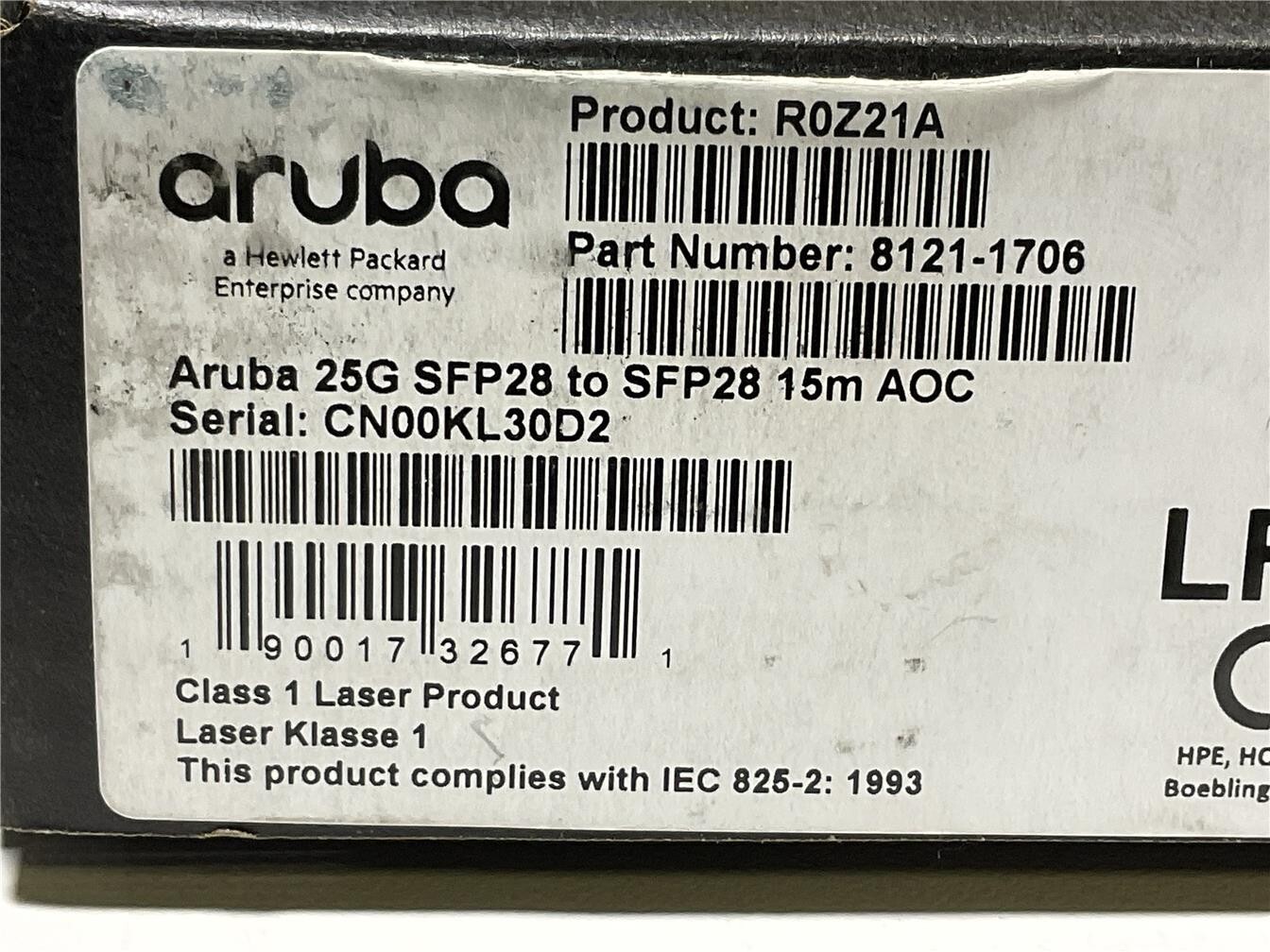R0Z21A New Genuine Aruba 25G SFP28 to SFP28 15m Active Optical Cable 8121-1706