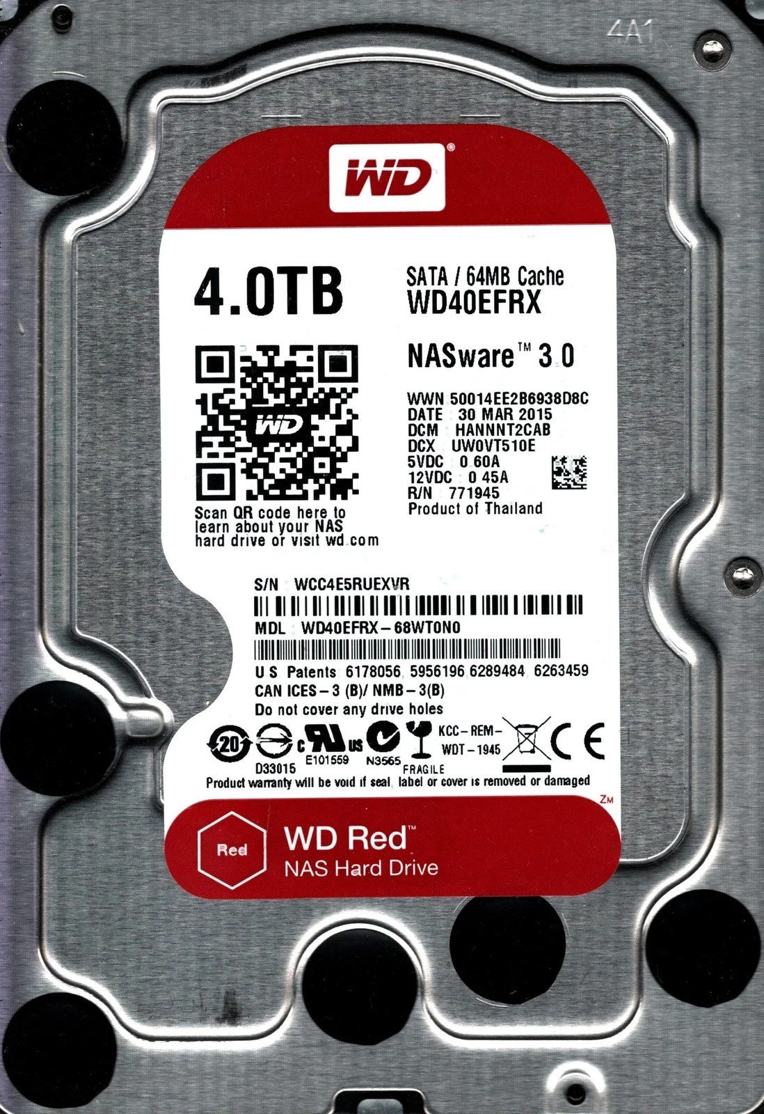 WD40EFRX-68WT0N0 WESTERN DIGITAL 4TB THAILAND MAR 2015 SAS HARD S/N WCC4E1YHV3U6