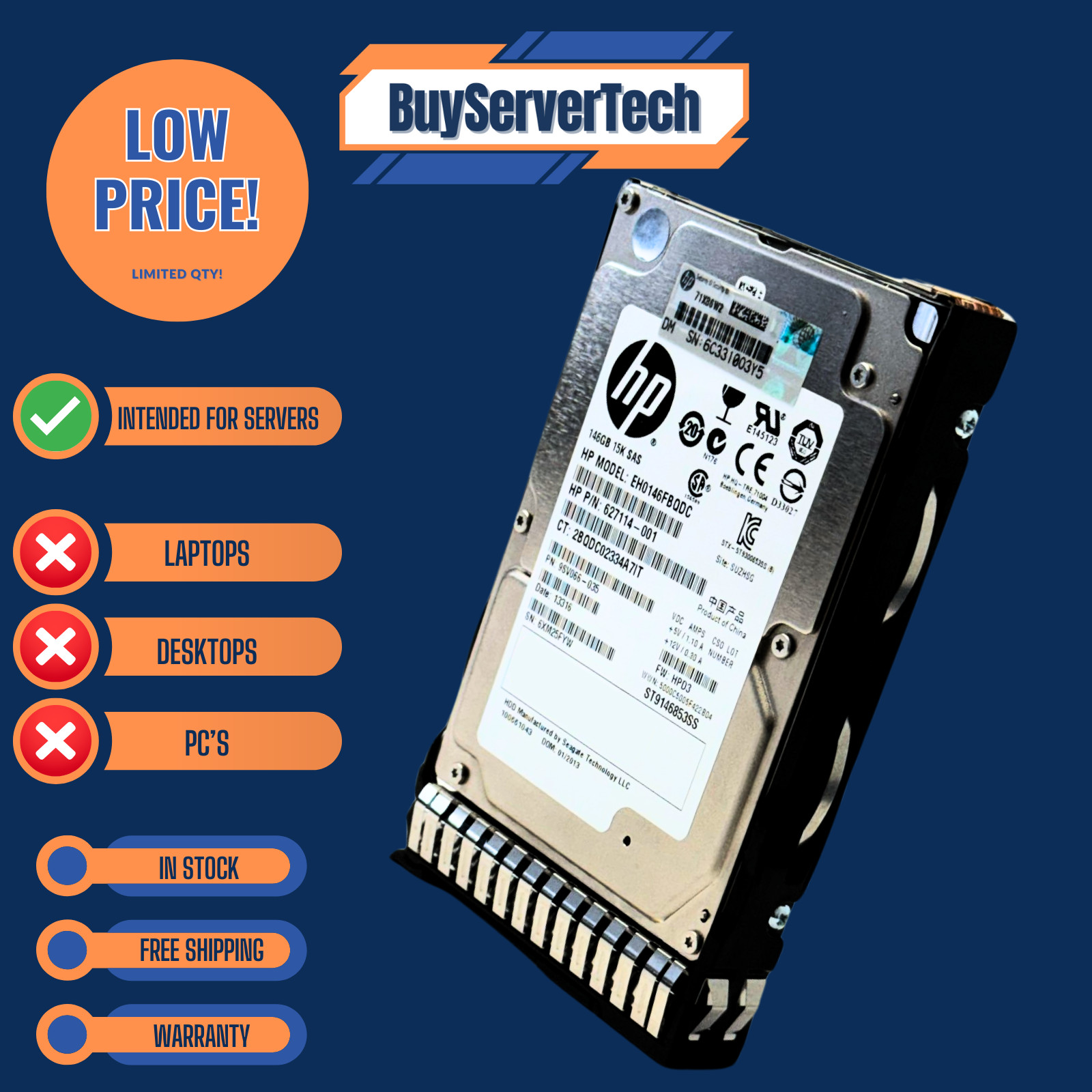 HP 652605-B21 146GB 15K SAS 6Gbps 2.5" HDD G8 G9 Enterprise 653950-001 | 0HRS