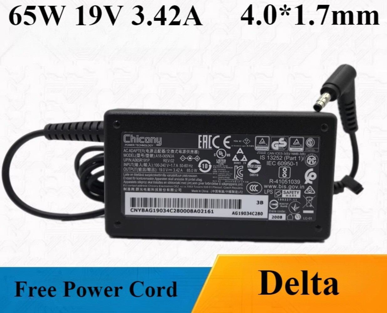 Genuine Chicony 65W 19V 3.42A Charger A18-065N3A 4.0*1.7mm Power Adapter
