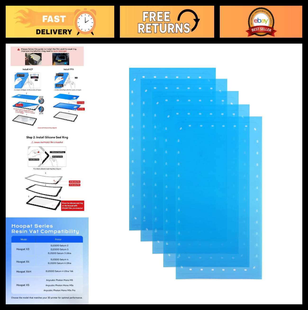 5Pcs PFA Release Films with Seal Ring for Resin Vat, Compatible with Hoopat X4/X