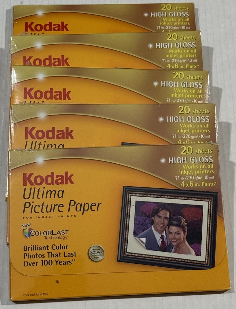 Kodak Ultima Picture Paper for Inkjet Printers 20 - 4x6” ColorLast Lot Of 5 New