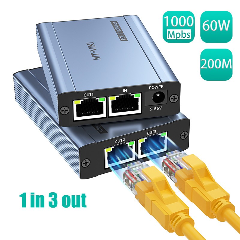 MT-VIKI 60W Ethernet Splitter 1 to 3 Gigabit PoE 1000Mbps 200m for 3 IP Cameras