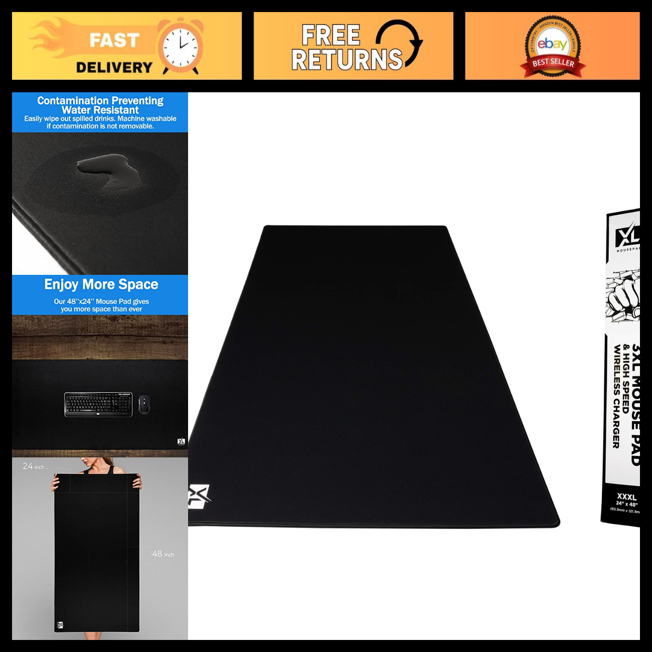 3XL Oversized Gaming Mouse Pad 48''x24'' - Extra Large Nonslip Rubber Base, Wate