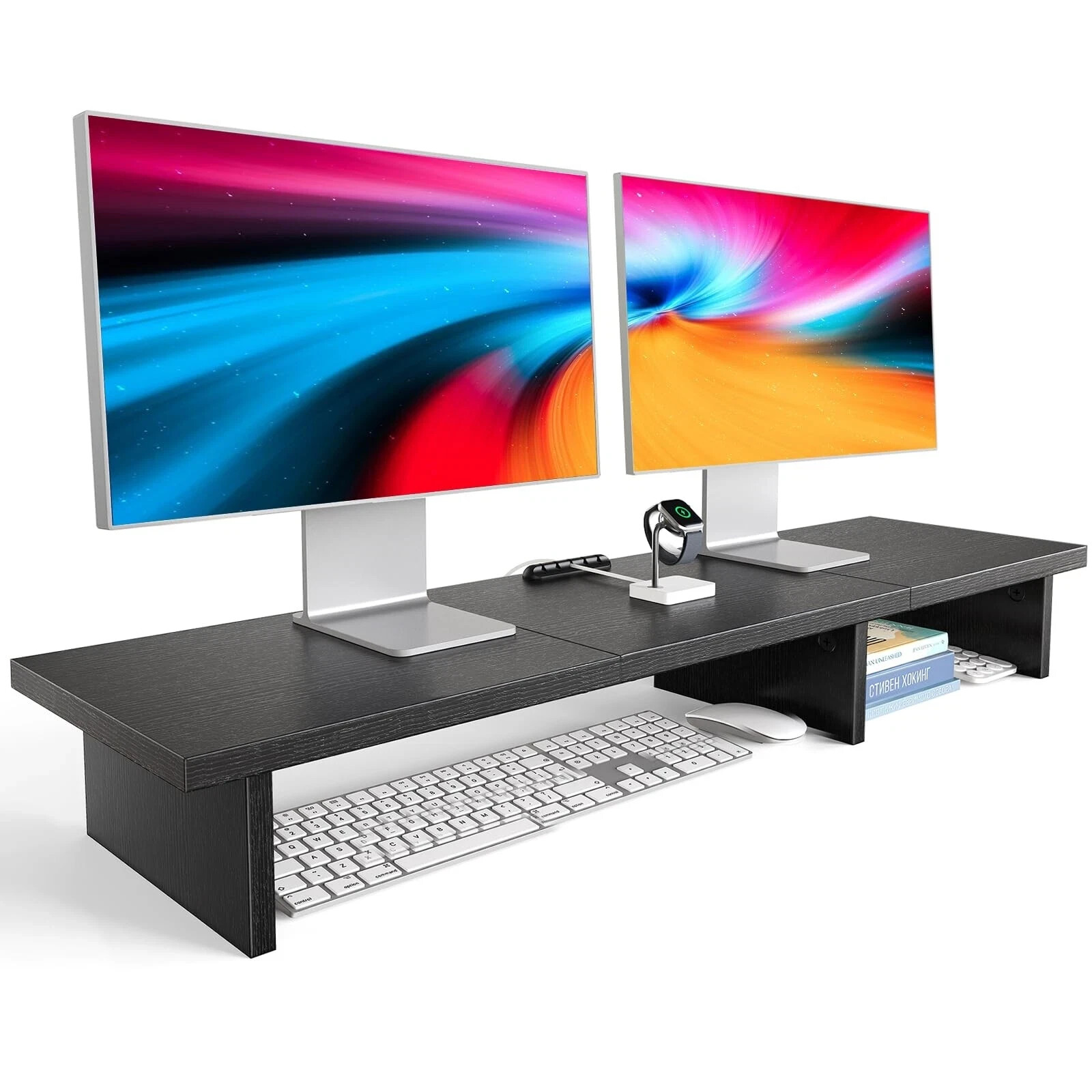 Dual Monitor Stand Riser With Cable Clip - Desktop Storage Shelf Organizer fo...