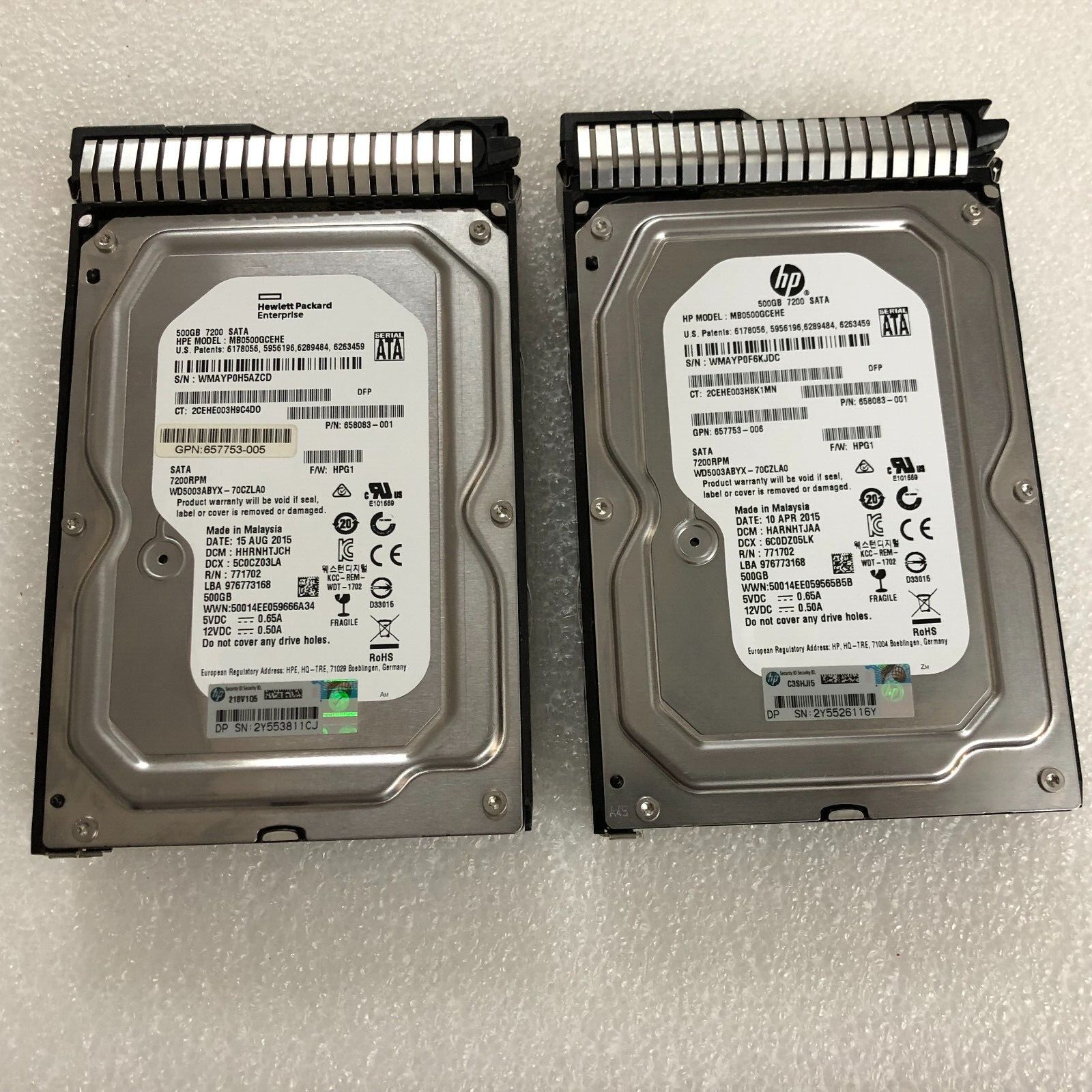 Lot of (2) 658083-001 HP G8 G9 500-GB 6G 7.2K 3.5 SATA HDD