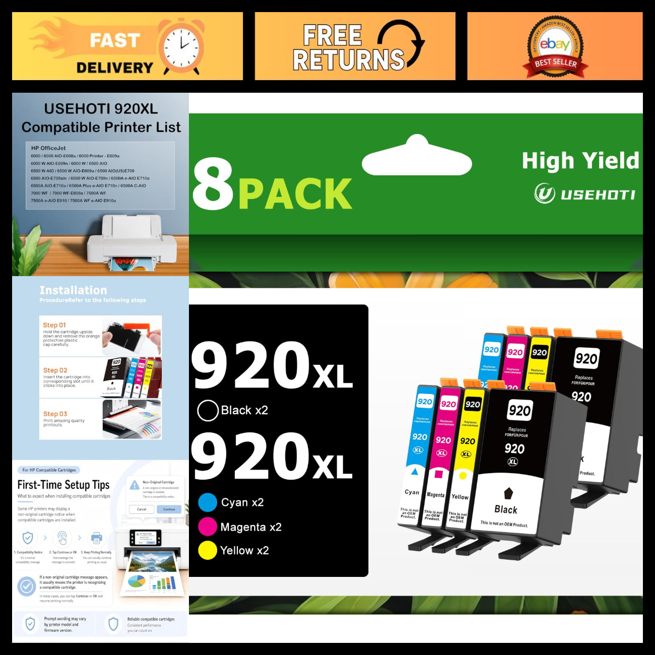 920 920XL Ink Cartridges Combo Pack - 8 Pack for OfficeJet 6000 6500 7000 Printe