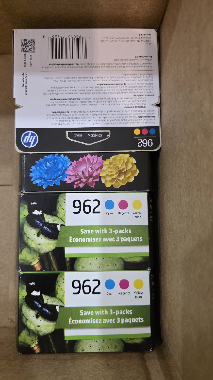 HP 962 Tri-Color Ink Cartridges Cyan Magenta Yellow Genuine Original OEM. Exp 27