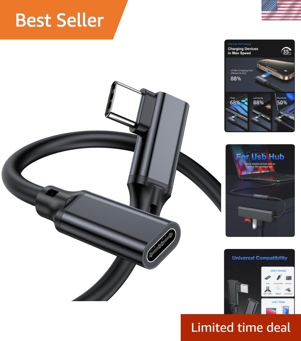 Versatile 10FT USB C Extension Cable - Right Angle Connector & 5A Fast Charging