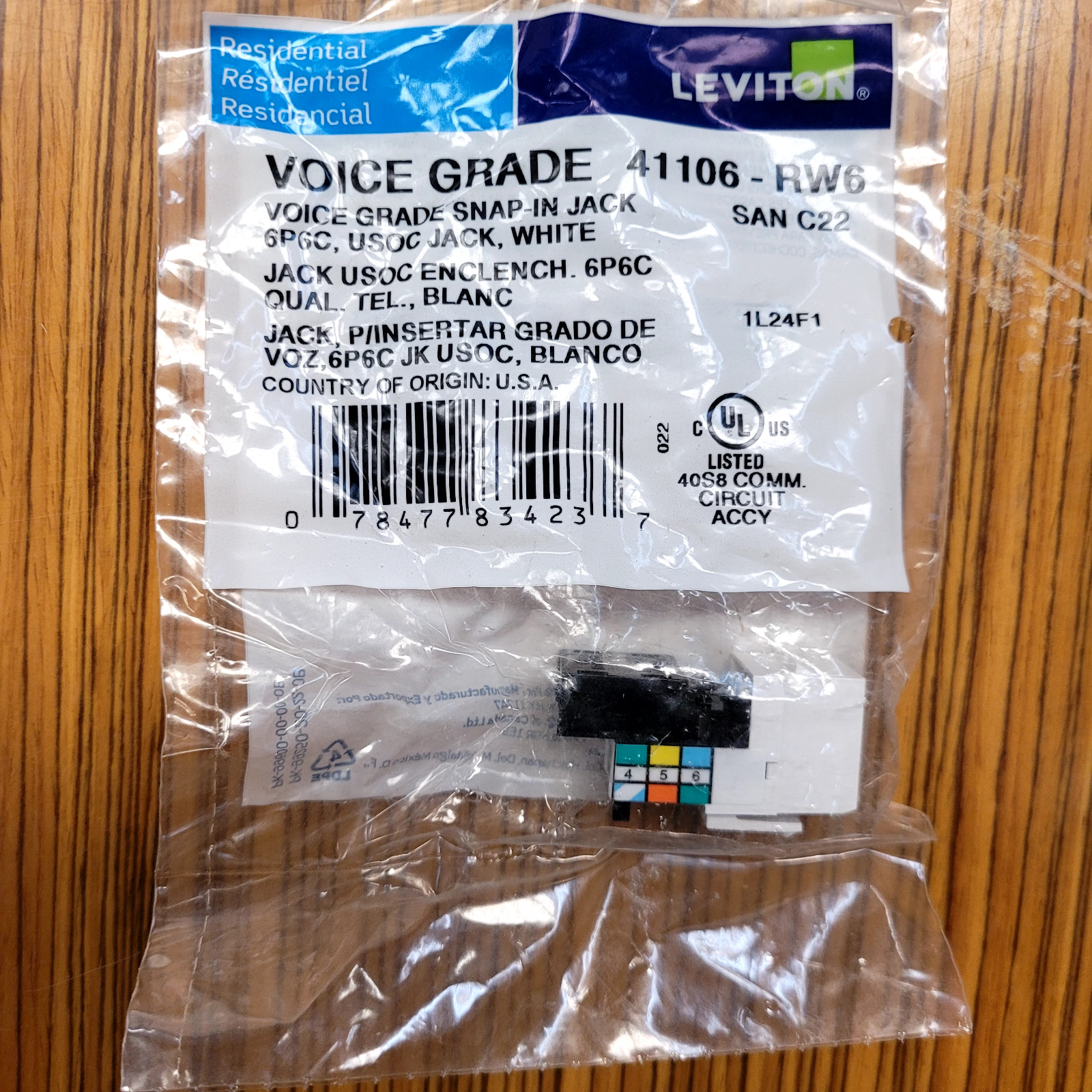 Leviton 41106-RW6 Voice Grade Quickport Jack 6P6C White, each