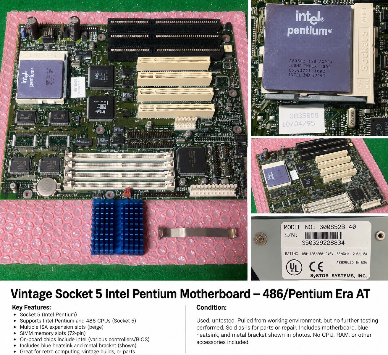Vintage Socket 5 Motherboard Intel Pentium 120MHz A80502-120 AT ISA PCI Tested