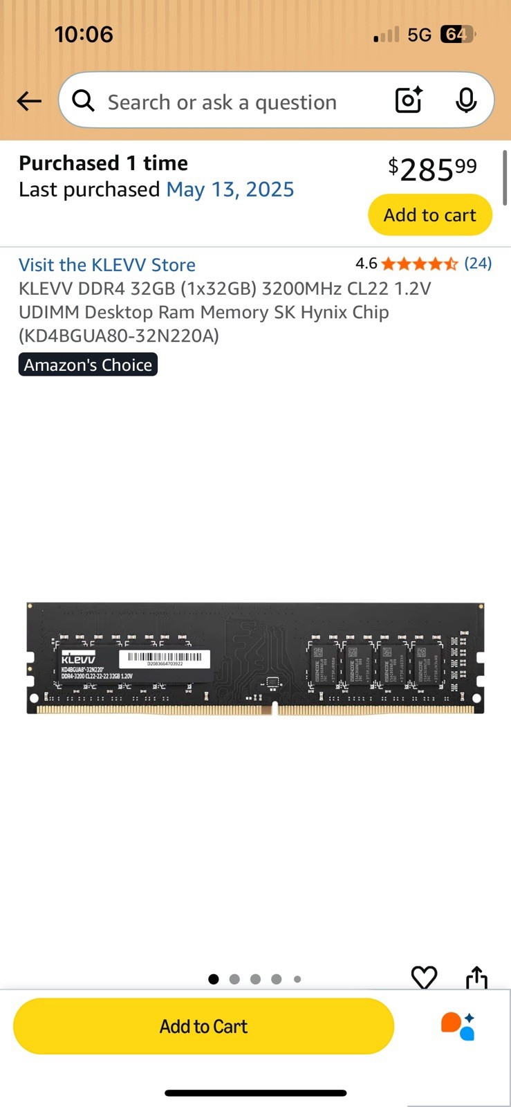 KLEVV DDR4 SDRAM 32GB 3200MHz UDIMM Desktop RAM 1 Module KD4BGUA80-32N220A