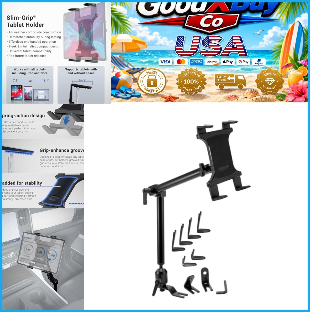 Car Seat Rail Tablet Mount Heavy Duty 22 Inch Arm Adjustable Height Angle Car