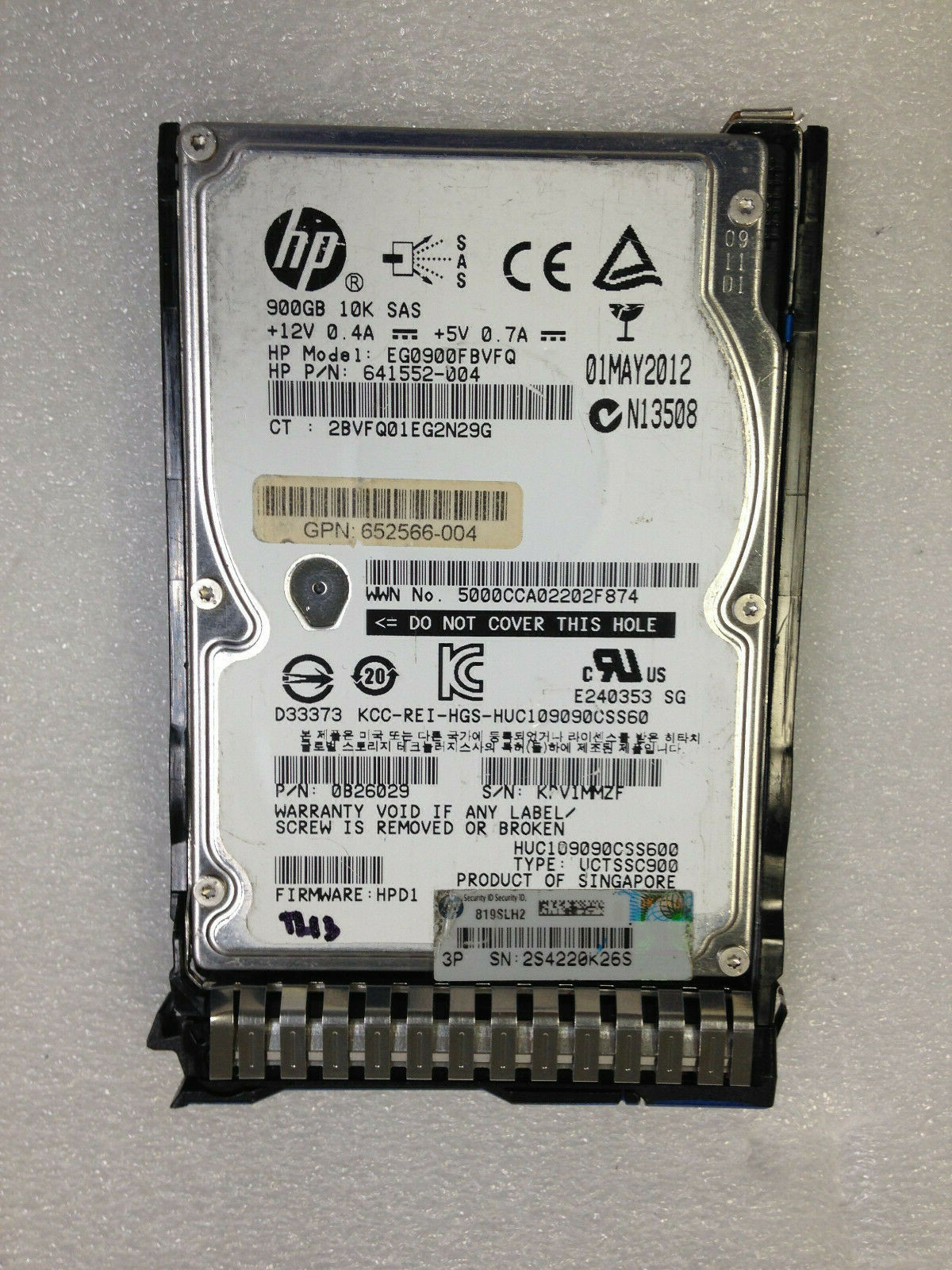 HP EG0900FBVFQ P/N 641552-004 0B26029 SAS 900GB 10K SAS 2.5" Hard Drive W/Tray