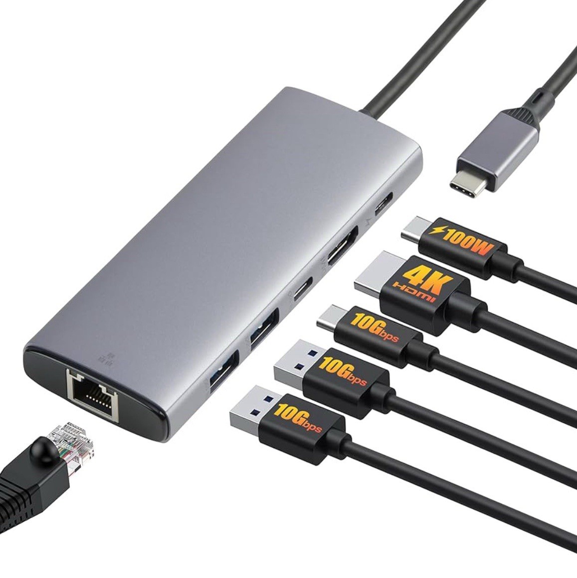 Amazon Basics 6-in-1 USB-C 3.2 (10G) Hub, 1 USB-C 100W PD Input, 2 USB-A, 1 U