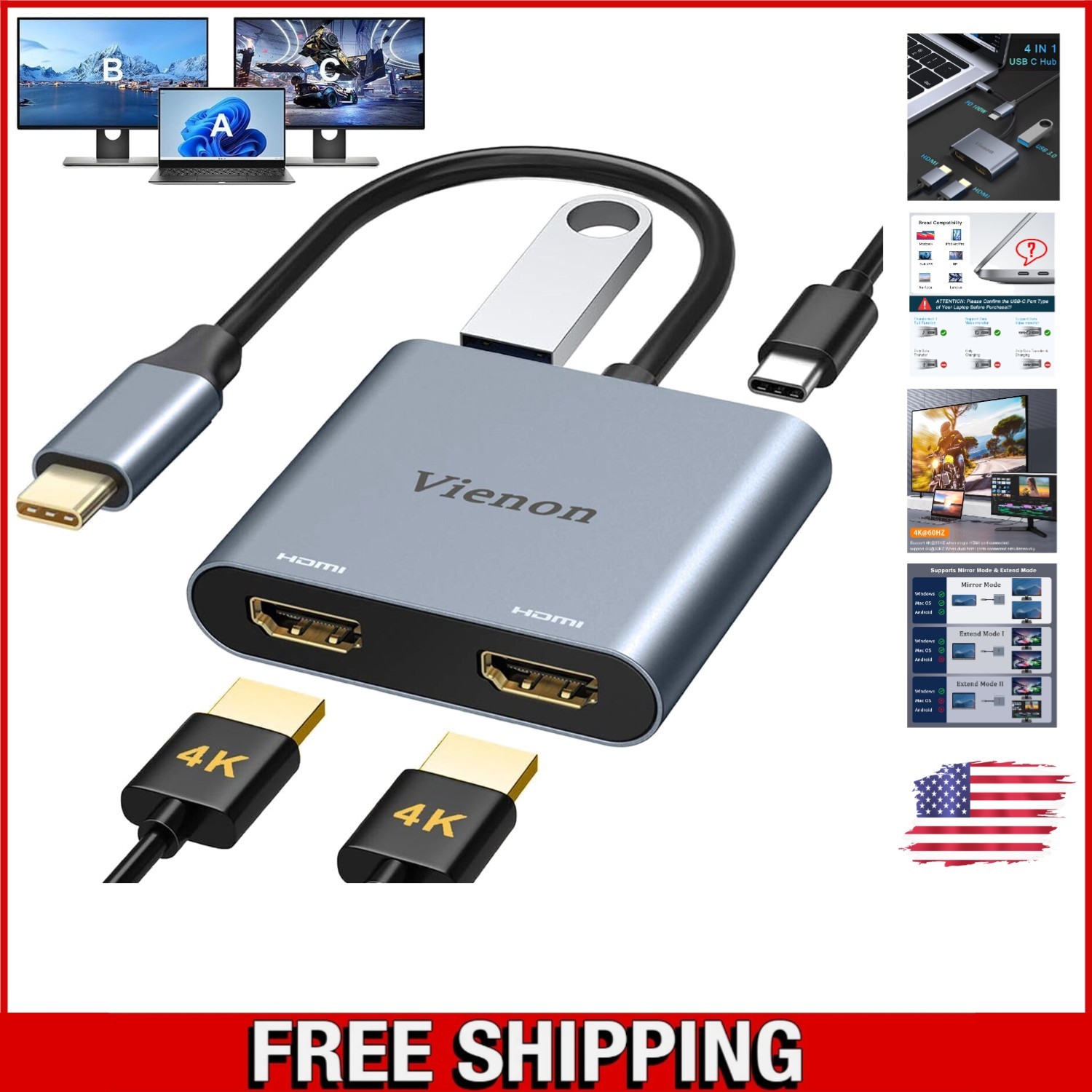 Versatile USB C Dual HDMI Adapter - 4K@30Hz & USB 3.0 Support for All Devices