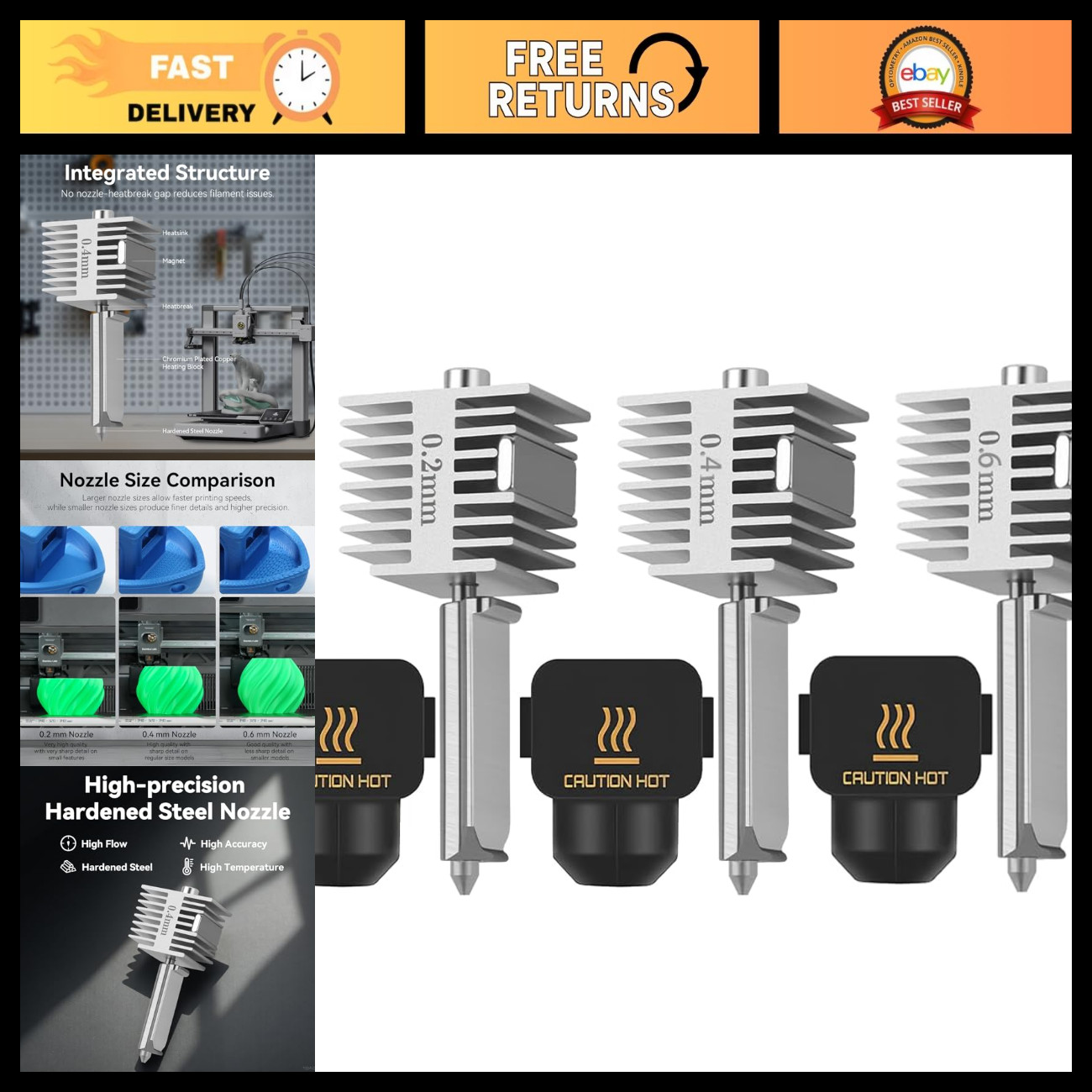 3PCS Mini Quick-Swap Hotend Hardened Steel Nozzles 0.2mm 0.4mm 0.6mm for 3D Prin