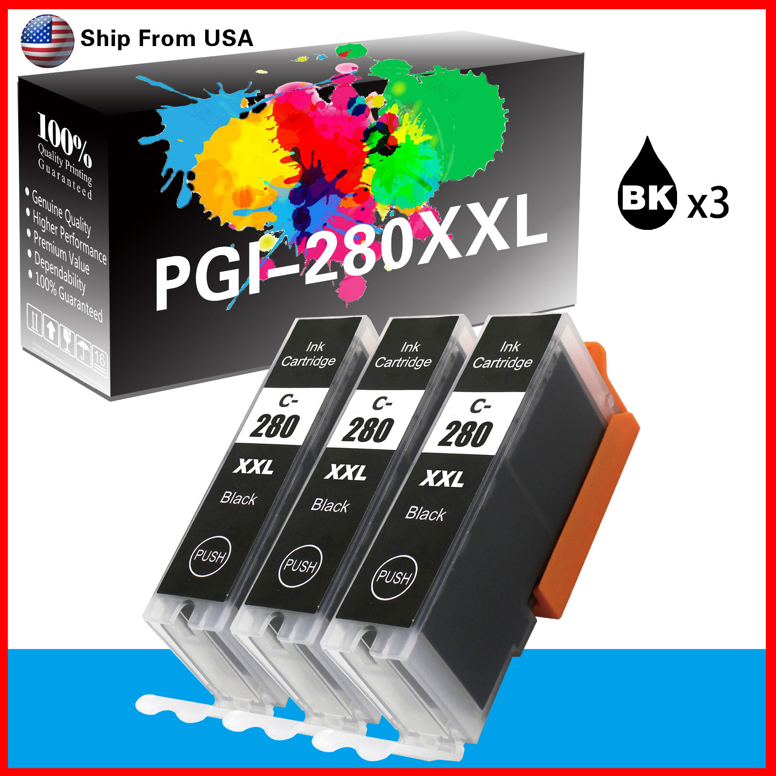 3PK LOTS PGI280XXL Black Ink Cartridge for Pixma TS8320 TS8322 TS9120 Printer