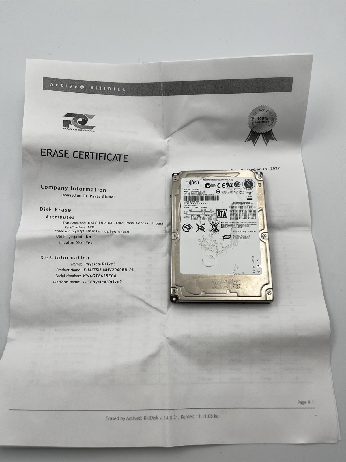 Fujitsu MHV2060BH PL (CA06672-B23100DL) 0085002A 60gb 2.5" Sata Hard Drive