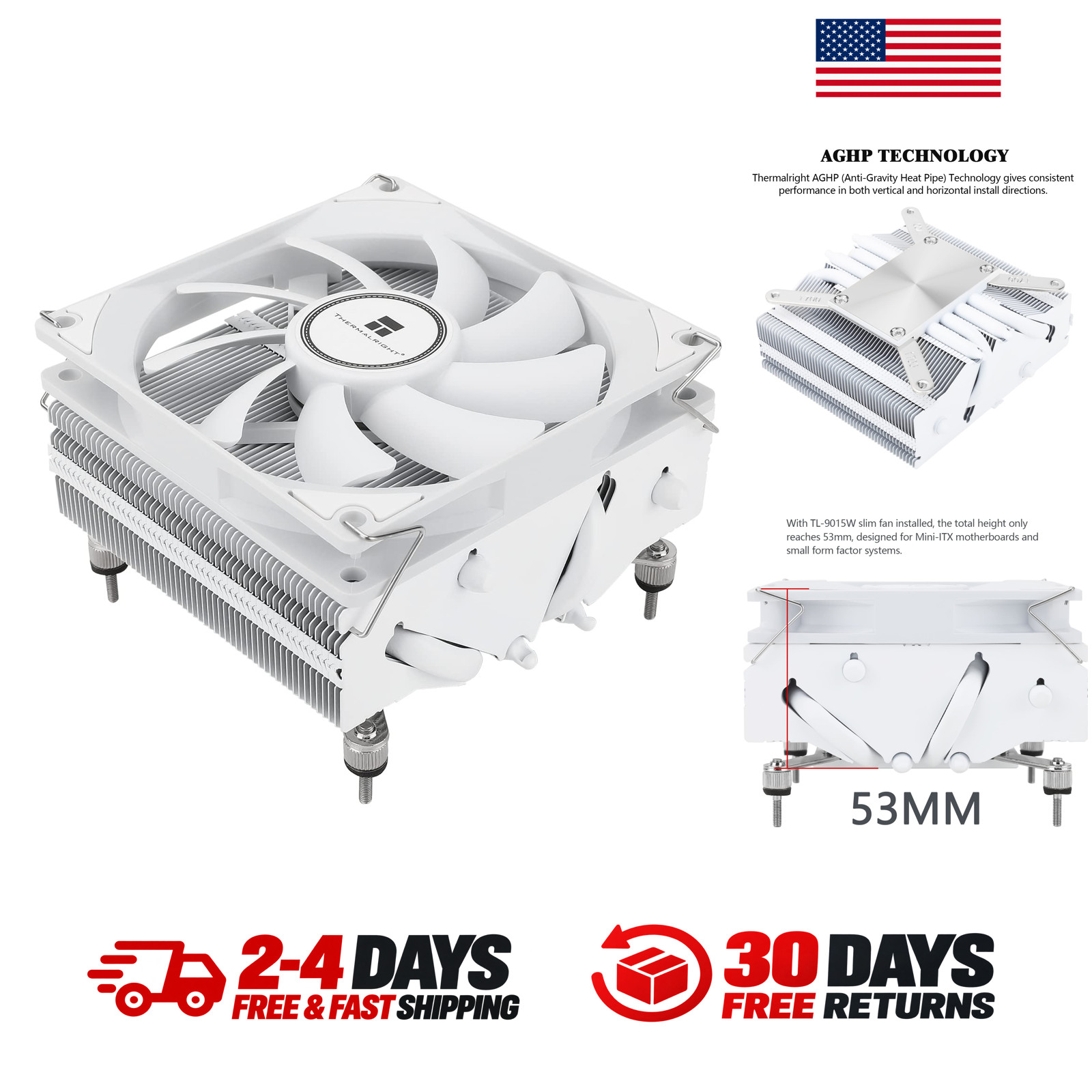 AXP90 X53 White Low Profile CPU Cooler For ITX Small Chassis Heat Dissipation