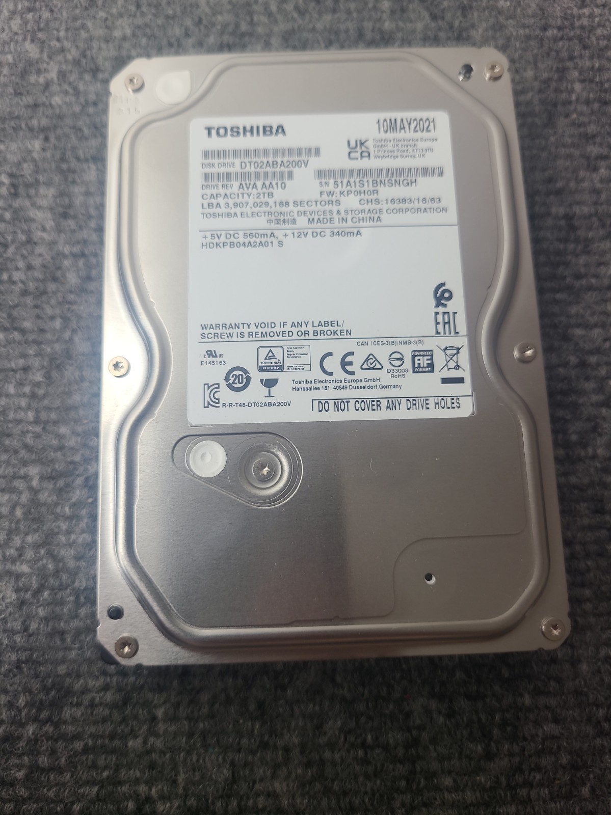 Toshiba DT02ABA200V 2TB 3.5 in SATA Internal HDD 5400RPM 128MB Cache