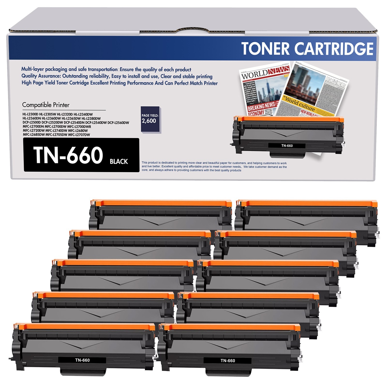 10PK Black TN-660 High Yield BLACK Toner for Brother HL-L2300 MFCL2700 DCP-L2540