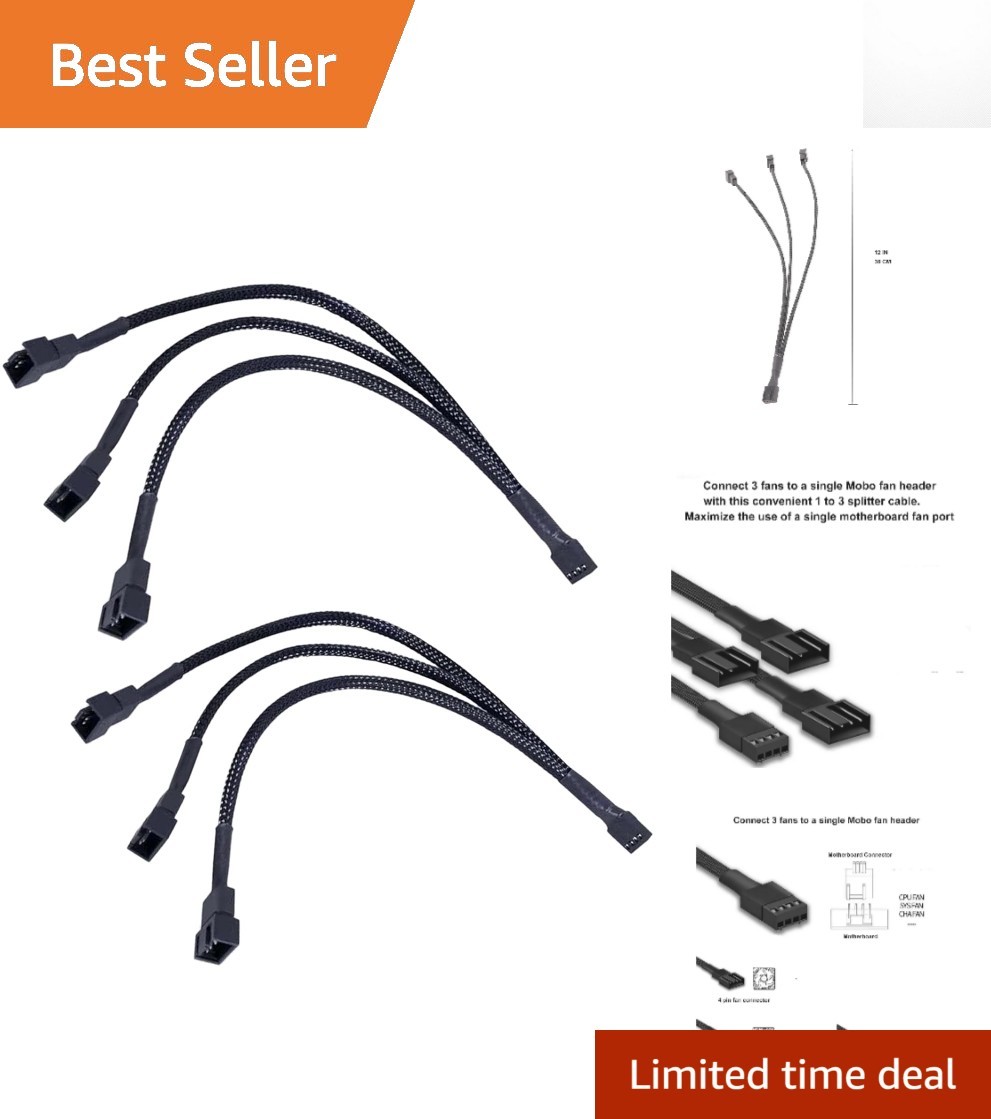 2 Pack of 12" Braided 3-Way PWM Fan Splitter Cables for Efficient Cooling Setup