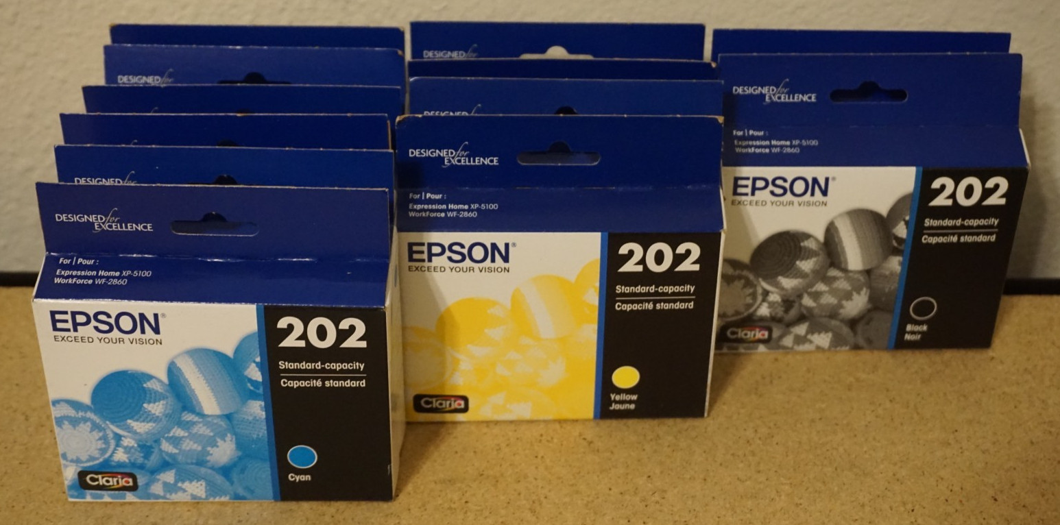 12x Genuine OEM Epson Ink Cartridges 202 6x Cyan 4x Yellow 2x Black