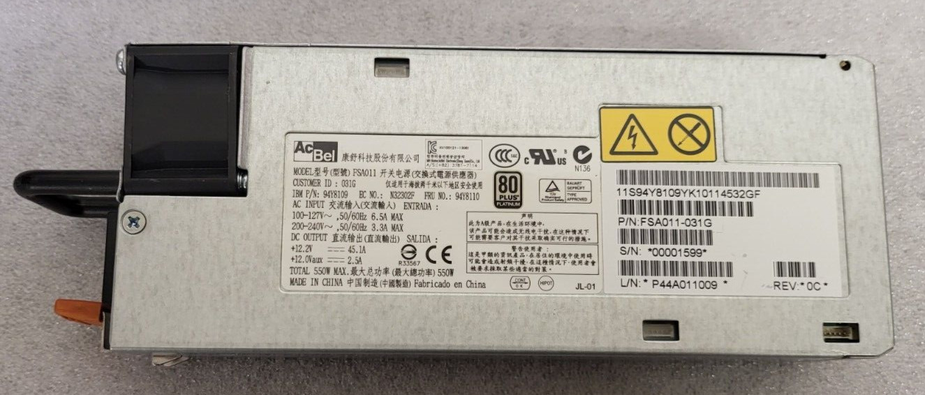 IBM X3550 M4 Server 550W Hot Swap Power Supply Module 94Y8110 94Y8110 94Y8109 US