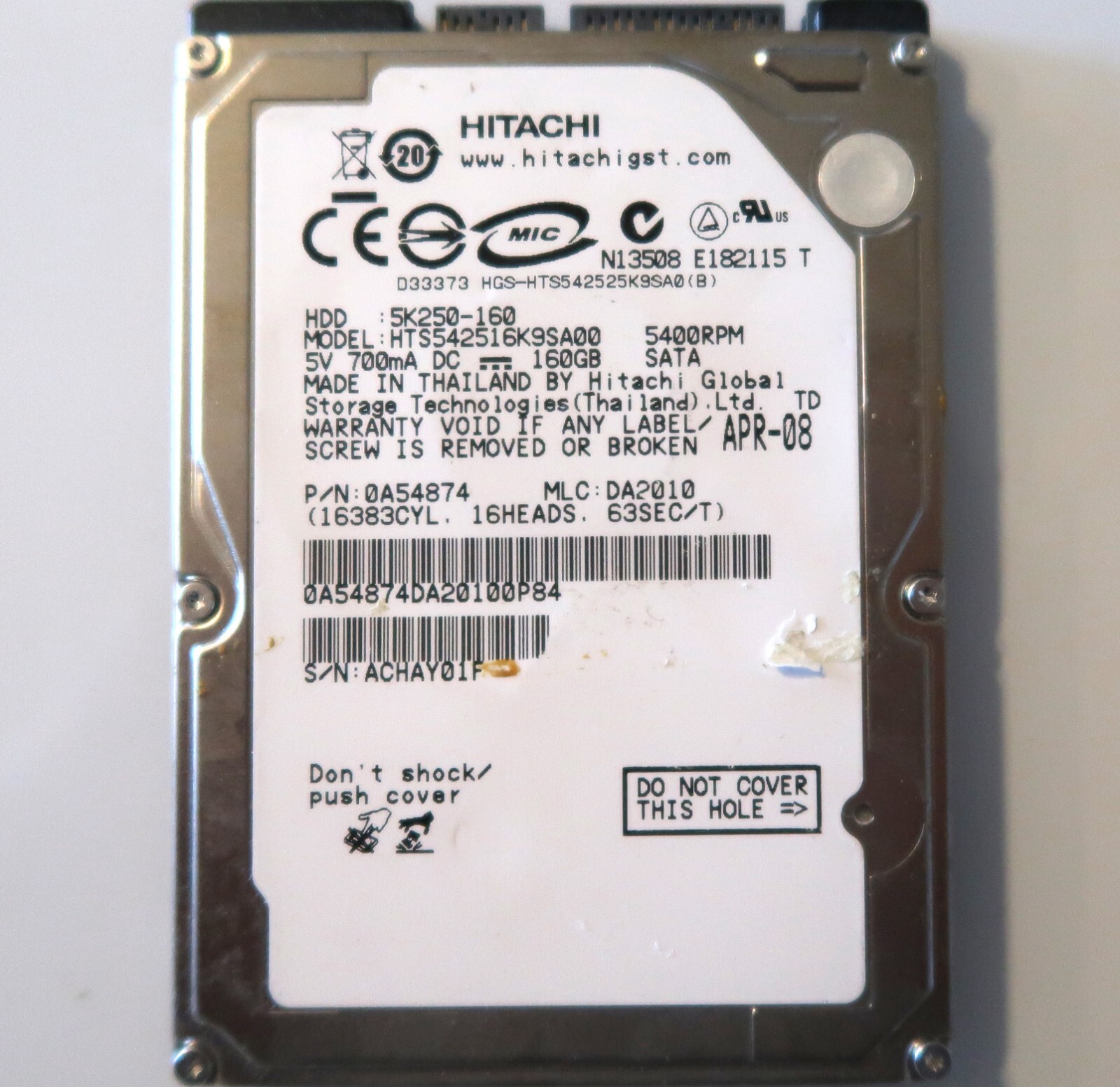 Hitachi HTS542516K9SA00 0A54874 DA2010 (ACHA) Thailand 2.5" 160gb Sata APR-08