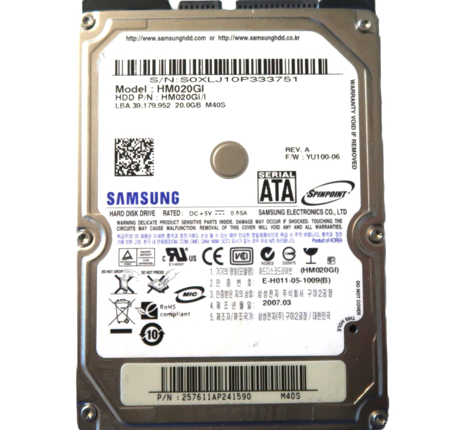 Samsung HM020GI HM020Gi/I YU100-06 REV A (S0XL) M40S 2.5" 20gb 2007.03