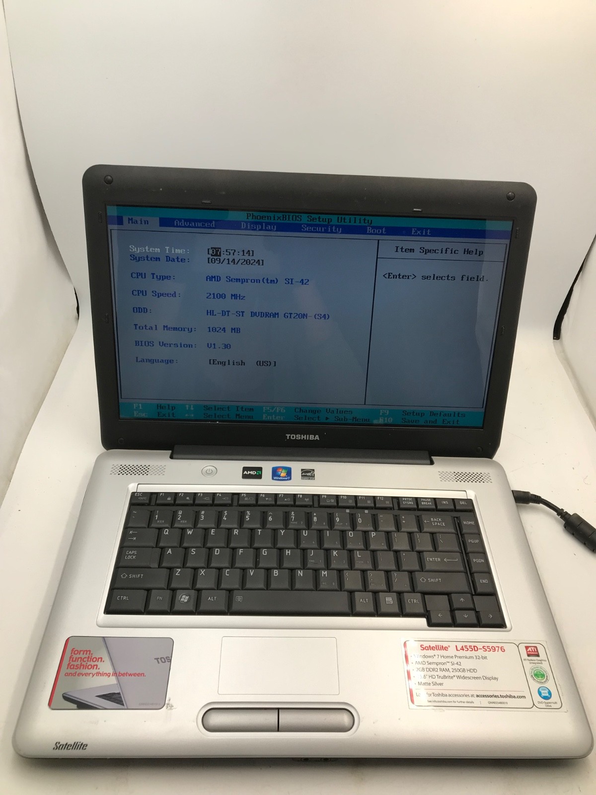 Toshiba Satellite L455D AMD Sempron SI-42 15.6" 1 Gb RAM  - BOOTS TO BIOS -MZ