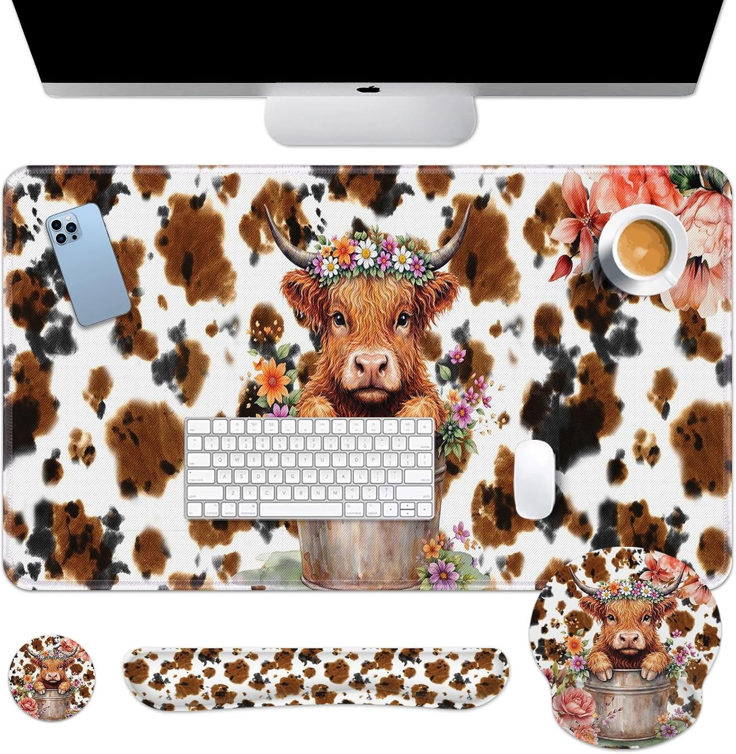 Highland Cow Flower Desk Mat Leaves Cartoon Print Mouse Pad Set 4 in 1 Ergonomic
