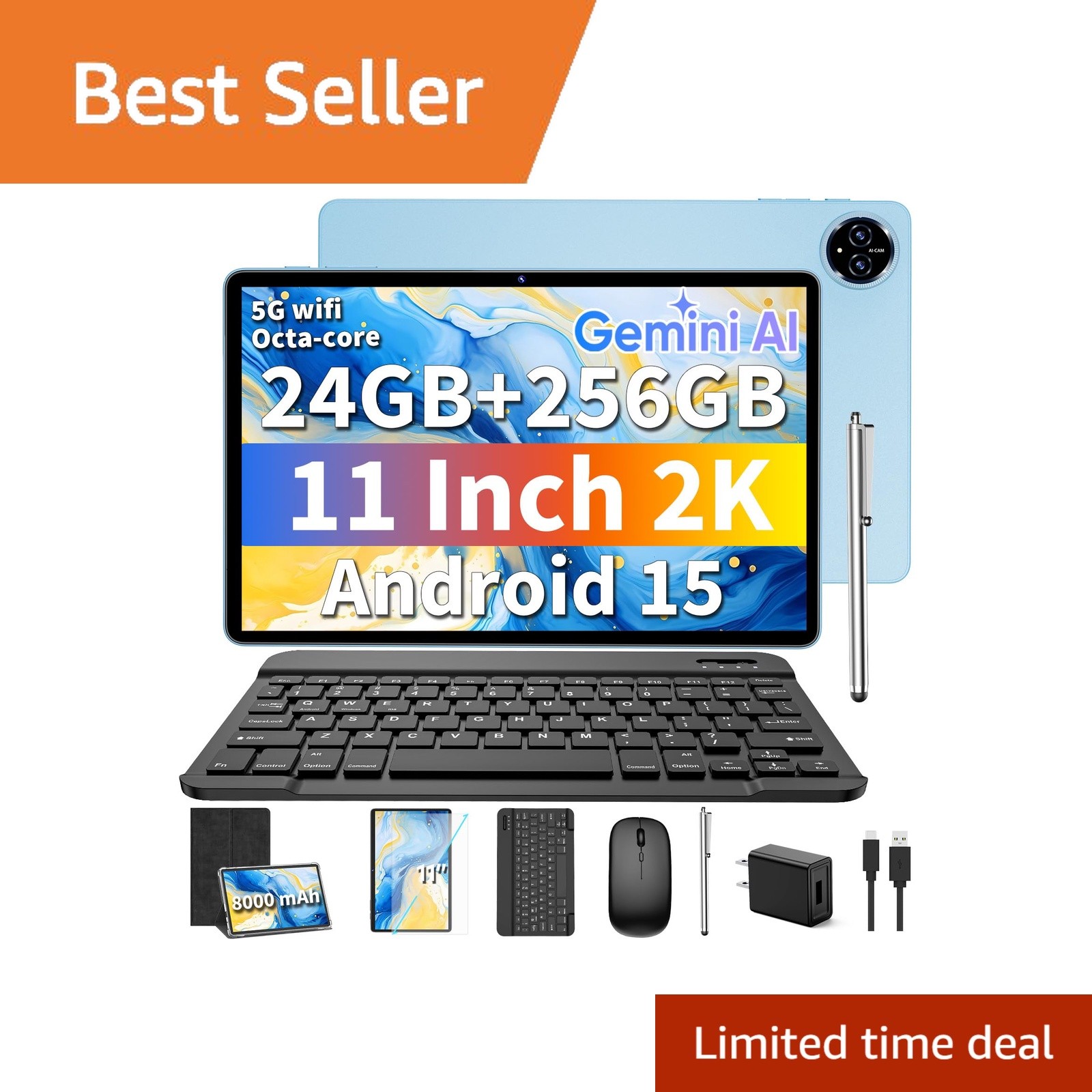 Relndoo 11" Android 15 Tablet Keyboard Black