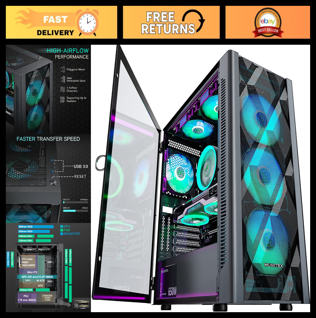 ATX PC Case Pre-Install 6 PWM ARGB Fans, Polygonal Mesh Computer Gaming Case