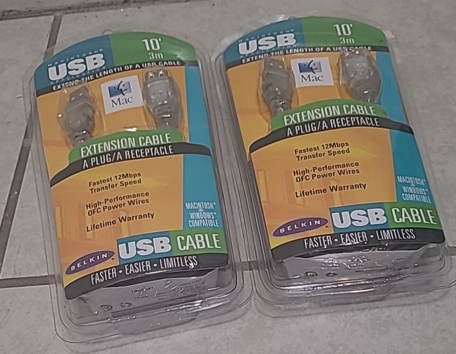 LOT OF 2 BELKIN F3U134-10-CBL MACINTOSH USB 10' 3M CABLE A PLUG/A RECEPTACLE 