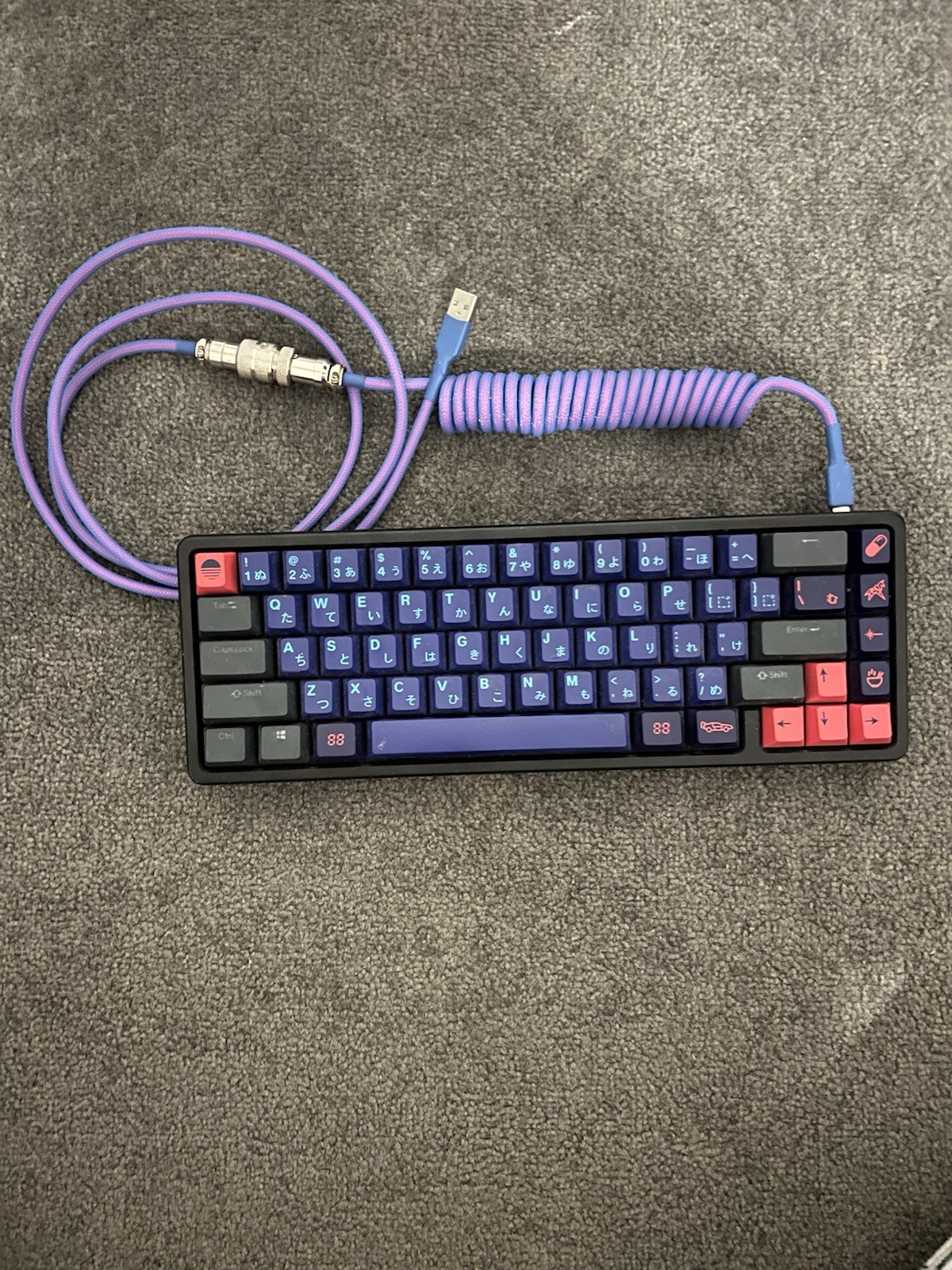 Drop alt titanium keyboard with MITOs kanji laser key caps and custom cable 