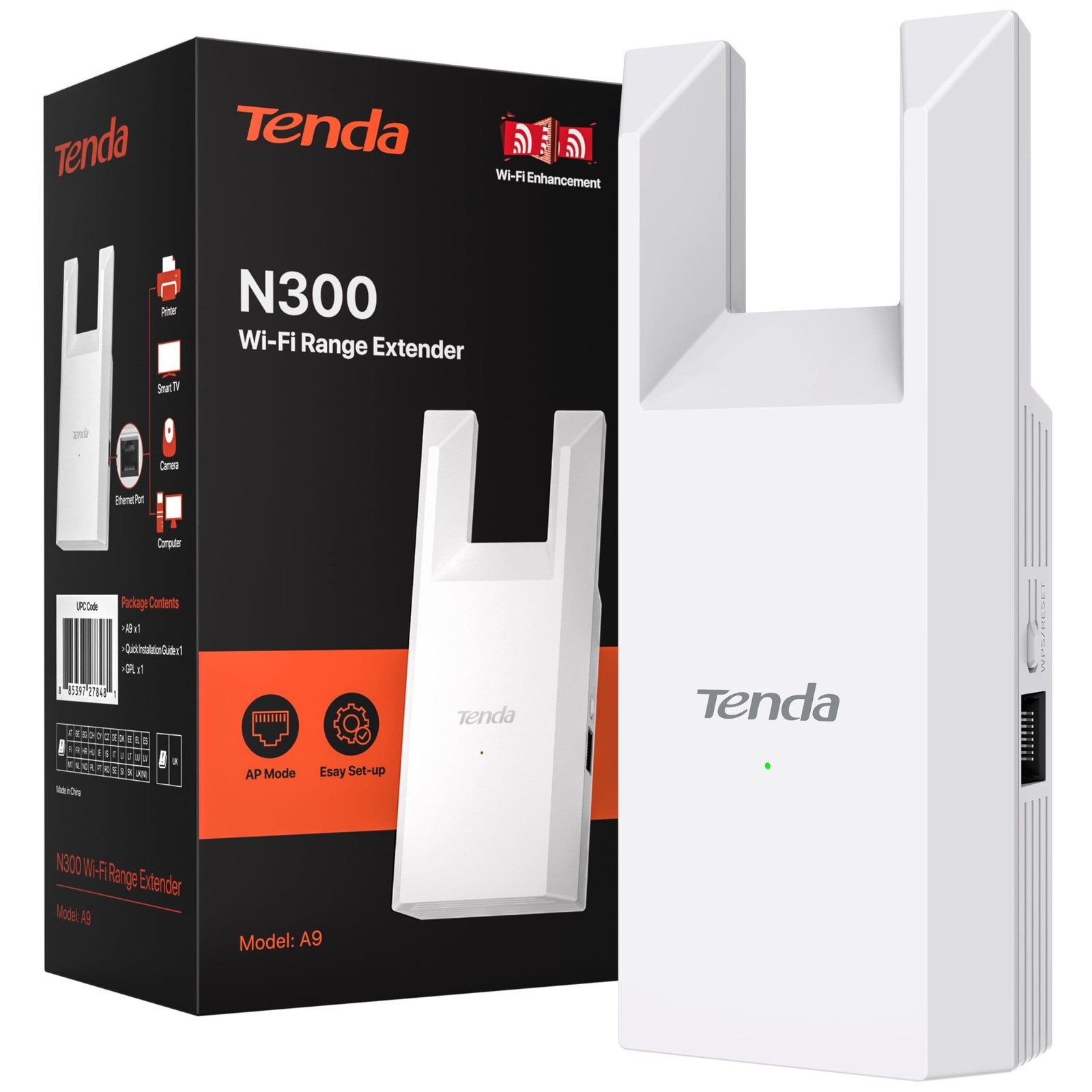 Tenda WiFi Extender N300, Signal Booster, with Ethernet white