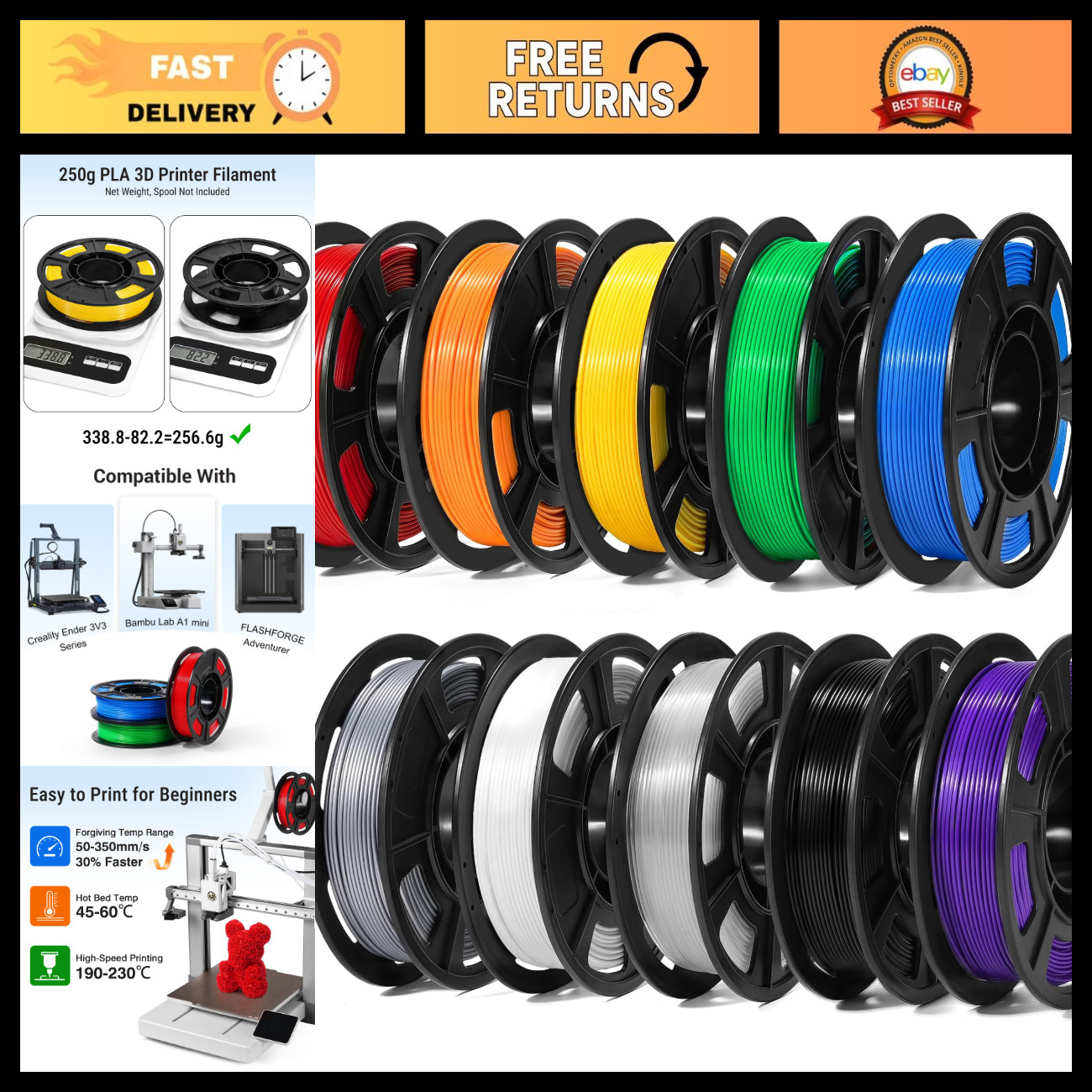 10 Colors 250g PLA 3D Printer Filament 1.75mm for Beginners - High Quality & Eas