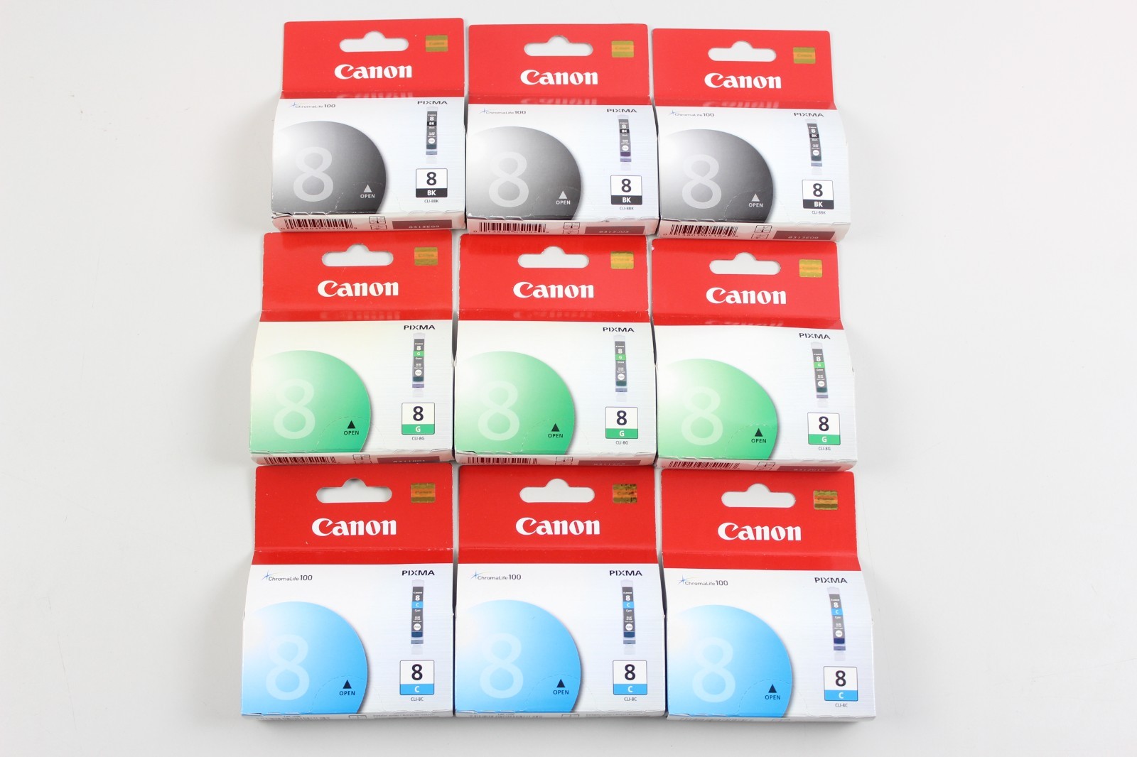 Lot of 9 Canon Genuine CLI-8 BK C G Black Green Cyan Ink Cartridges New