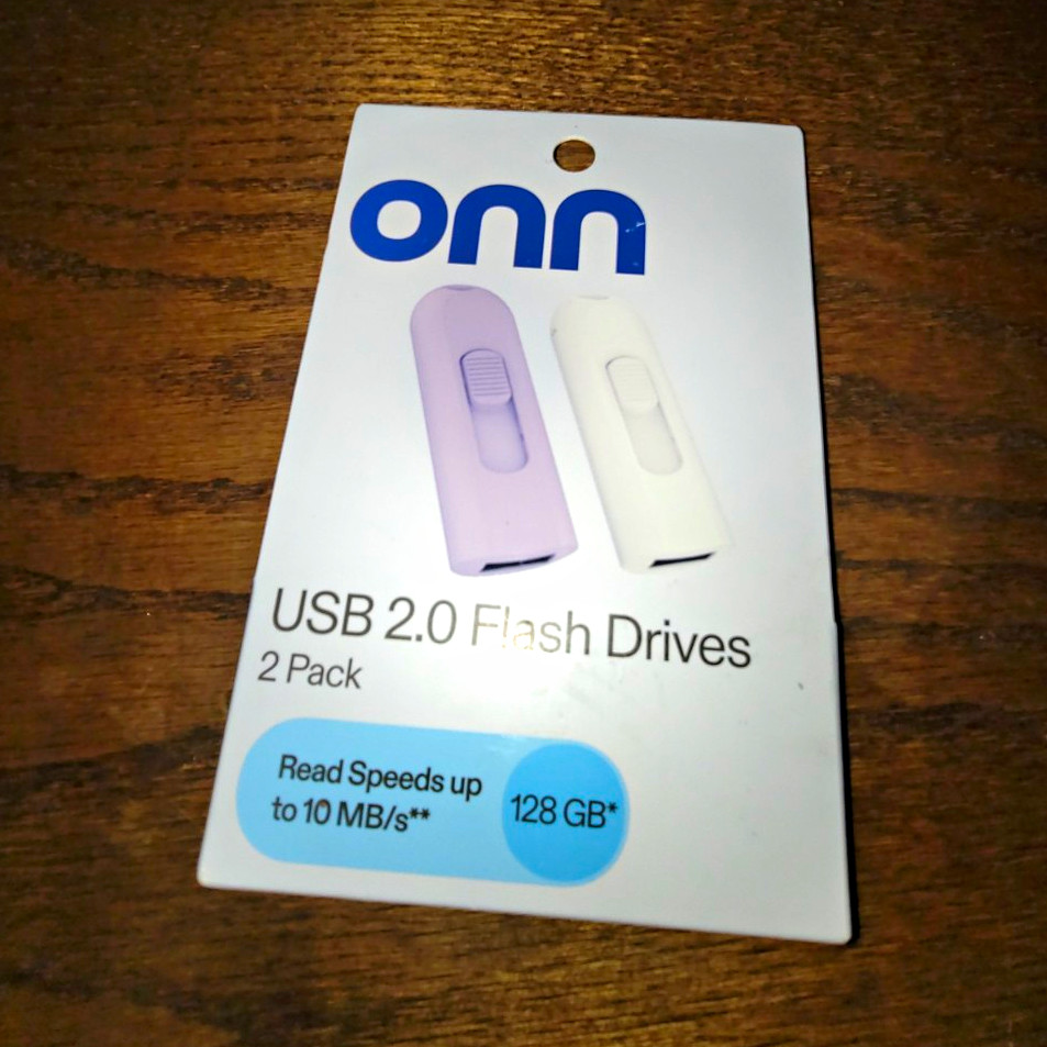 onn. 128GB USB 2.0 Flash Drive 2-Pack Purple/White w/ Keychain Hole